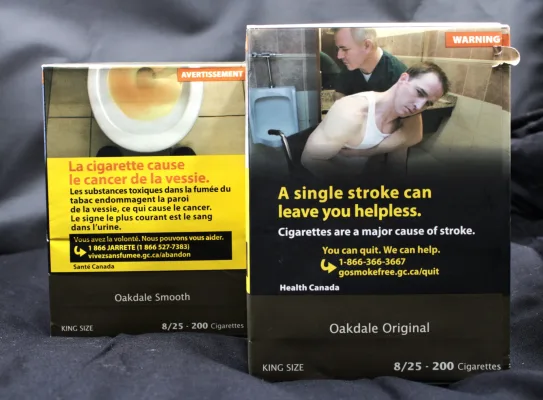 Oakdale Smooth and Oakdale Original Cigarette packs with Canadian warning labels.