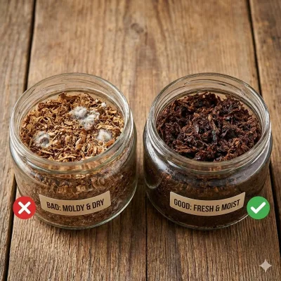 Two open mason jars of loose tobacco sitting on a wooden table. The left jar contains dry, light-brown tobacco with visible white fuzzy mold spots and a red "X" icon. The right jar contains dark, moist, fresh tobacco with a green checkmark icon.