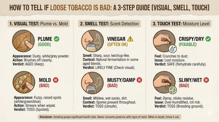 An educational chart titled "How to Tell if Loose Tobacco is Bad: A 3-Step Guide" illustrating Visual tests (Plume vs. Mold), Smell tests (Vinegar vs. Musty), and Touch tests (Crispy vs. Slimy) with safe and unsafe verdicts.